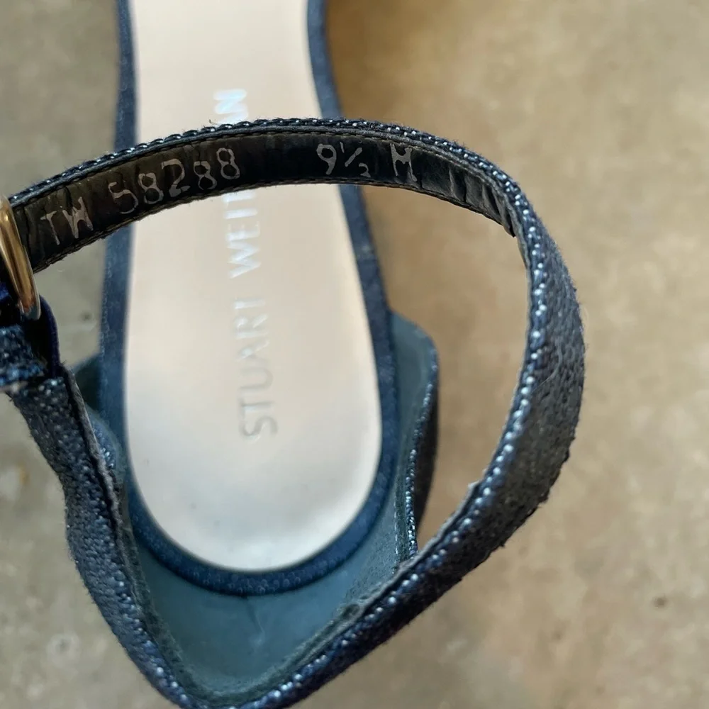 Stuart Weitzman Denim Ankle Strap Block Heel Sandals 9.5 Made in Spain